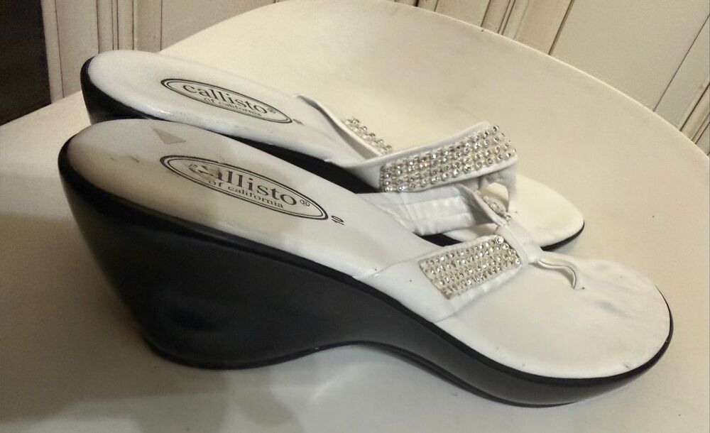 Callisto Women's Crystal Embellished Slip On Wedge Slide Sandals White Size 10